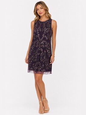 Adrianna Papell Plum Sequin Beaded Shift Dress | Size 8 | Cocktail Wedding Guest